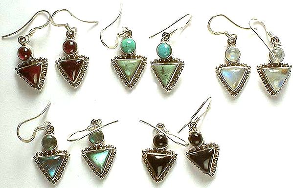 Lot of Five Gemstone Earrings (Garnet, Turquoise, Rainbow Moonstone, Labradorite & Black Onyx)