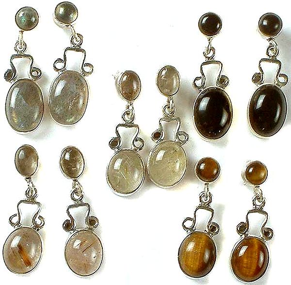 Lot of Five Gemstone Earrings (Labradorite, Tourmalinated Quartz, Black Onyx,  Tourmalinated Quartz and Tiger Eye)
