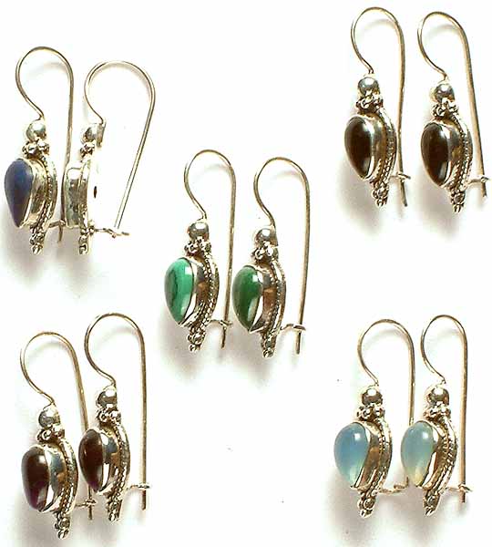 Lot of Five Gemstone Earrings (Lapis Lazuli, Black Onyx, Malachite, Amethyst, & Blue Chalcedony)