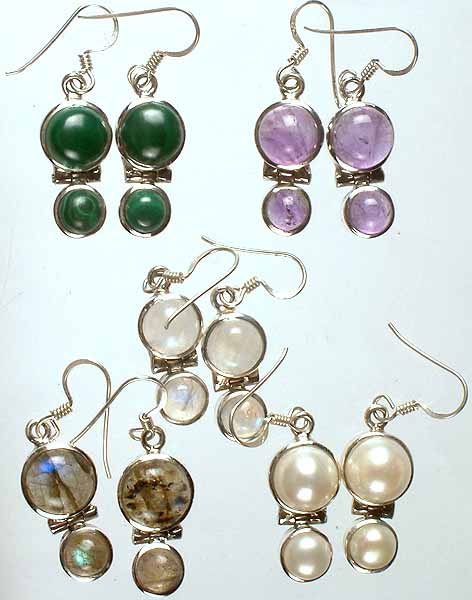 Lot of Five Gemstone Earrings (Malachite, Amethyst, Rainbow Moonstone, Labradorite and Mother of Pearl)
