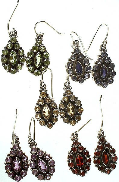 Lot of Five Gemstone Earrings (Peridot, Iolite, Citrine, Amethyst & Garnet)