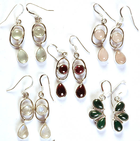 Lot of Five Gemstone Earrings (Prehnite, Rose Quartz, Garnet, Rainbow Moonstone and Black Onyx)