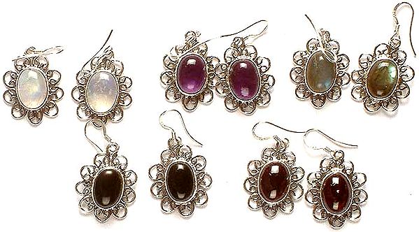 Lot of Five Gemstone Earrings (Rainbow Moonstone, Amethyst, Labradorite, Black Onyx, & Garnet)