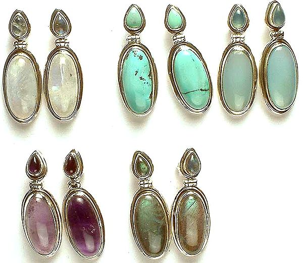 Lot of Five Gemstone Earrings (Rainbow Moonstone, Turquoise, Blue Chalcedony, Amethyst, & Labradorite)
