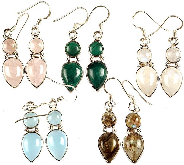Lot of Five Gemstone Earrings (Rose Quartz, Malachite, Rainbow Moonstone, Blue Chalcedony and Labradorite)