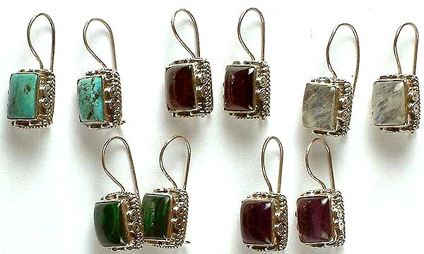 Lot of Five Gemstone Earrings (Turquoise, Garnet, Rainbow Moonstone, Malachite, & Amethyst)