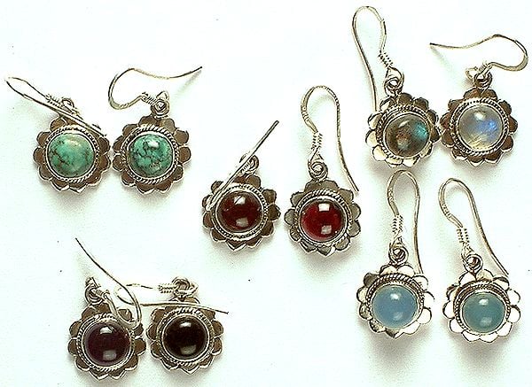 Lot of Five Gemstone Earrings (Turquoise, Labradorite, Garnet, Amethyst, & Blue Chalcedony)