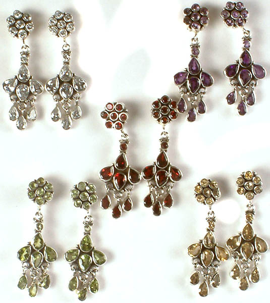 Lot of Five Gemstone Earrings with Dangles (Cubic Zirconia, Amethyst, Garnet, Peridot & Citrine)