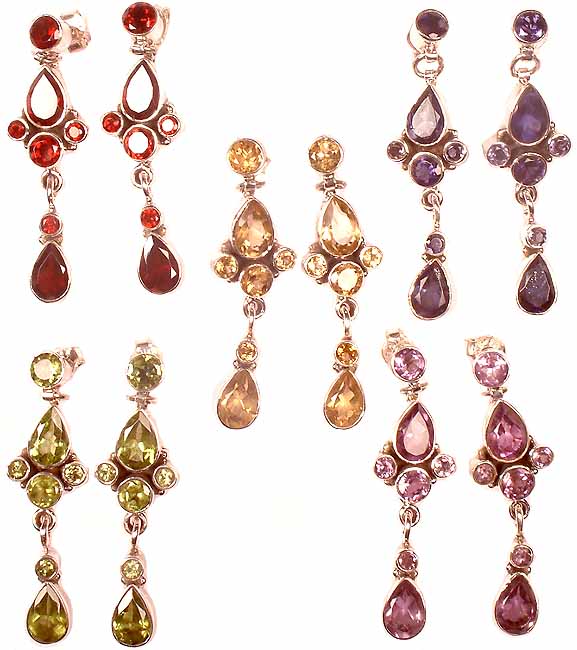 Lot Of Five Gemstone Earrings With Dangles<br>(Garnet, Iolite, Citrine, Peridot, and Amethyst)