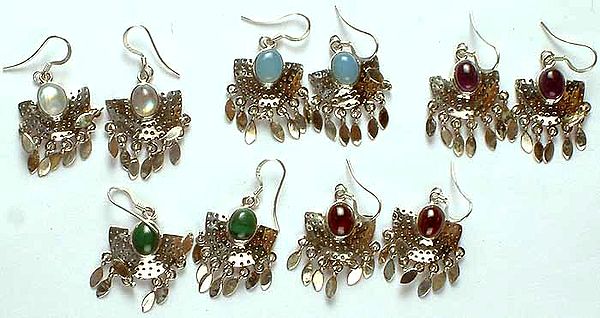Lot of Five Gemstone Earrings with Dimples & Dangles<br>(Rainbow Moonstone, Blue Chalcedony, Amethyst, Malachite & Garnet)