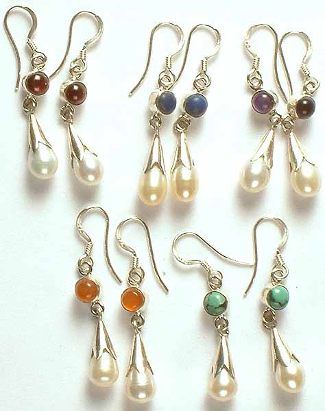 Lot of Five Gemstone Earrings with Pearl Dangling Drop ( Garnet, Lapis Lazuli, Amethyst, Carnelian, & Turquoise)