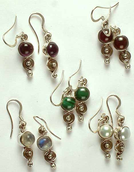 Lot of Five Gemstone Earrings with Spirals (Amethyst, Garnet, Malachite, Rainbow Moonstone, & Pearl)