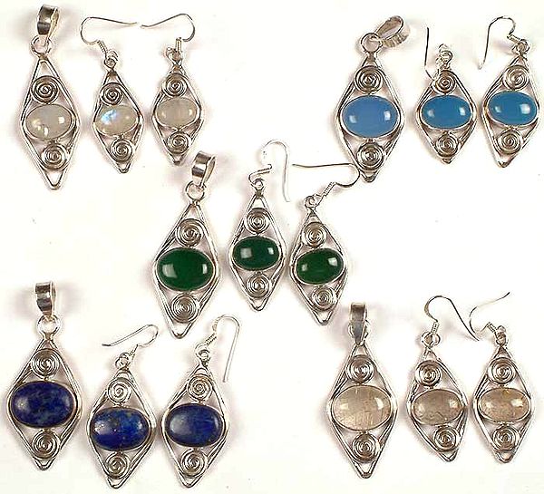 Lot of Five Gemstone Earrings with Spirals<br>(Rainbow Moonstone, Blue Chalcedony, Green Onyx, Lapis Lazuli & Golden Rutile)