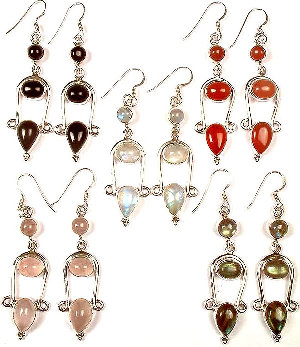 Lot of Five Gemstone Earrings<br>(Black Onyx, Carnelian, Rainbow Moonstone, Rose Quartz & Labradorite)