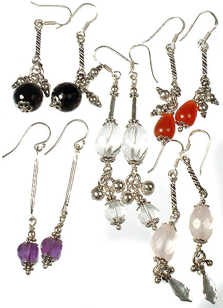Lot of Five Gemstone Earrings<br>(Black Onyx, Carnelian, Crystal, Amethyst and Rose Quartz)