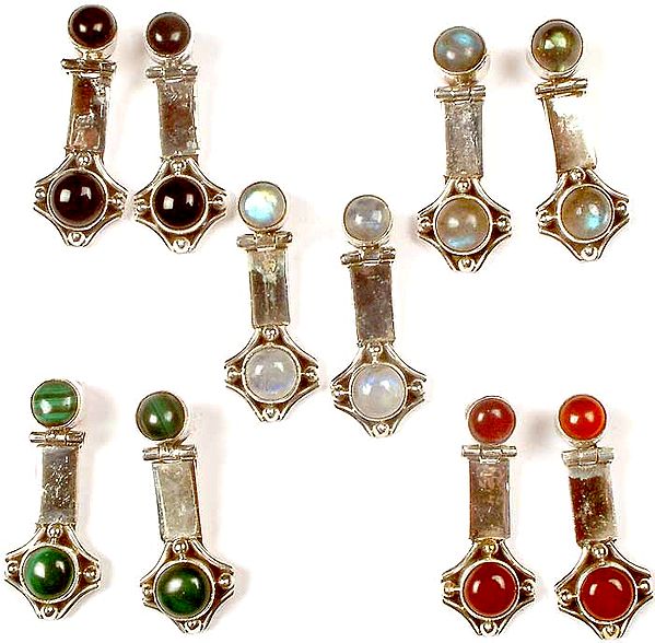 Lot of Five Gemstone Earrings<br>(Black Onyx, Labradorite, Rainbow Moonstone, Malachite & Carnelian)
