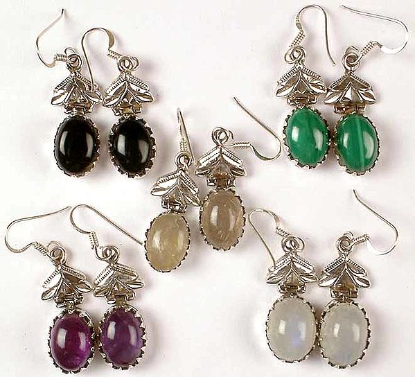 Lot of Five Gemstone Earrings<br>(Black Onyx, Malachite, Golden Rutile, Amethyst & Rainbow Moonstone)