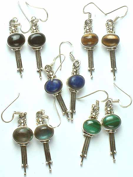 Lot of Five Gemstone Earrings<br>(Black Onyx, Tiger Eye, Lapis Lazuli, Labradorite & Malachite)