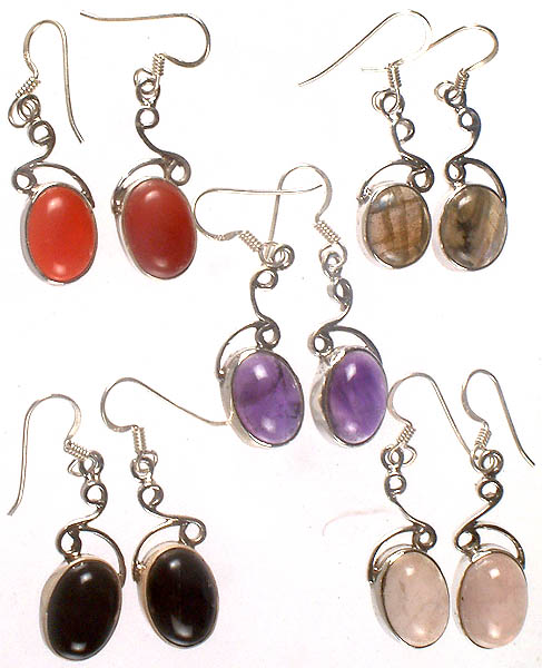Lot of Five Gemstone Earrings<br>(Carnelian, Labradorite, Amethyst, Black Onyx & Rose Quartz)