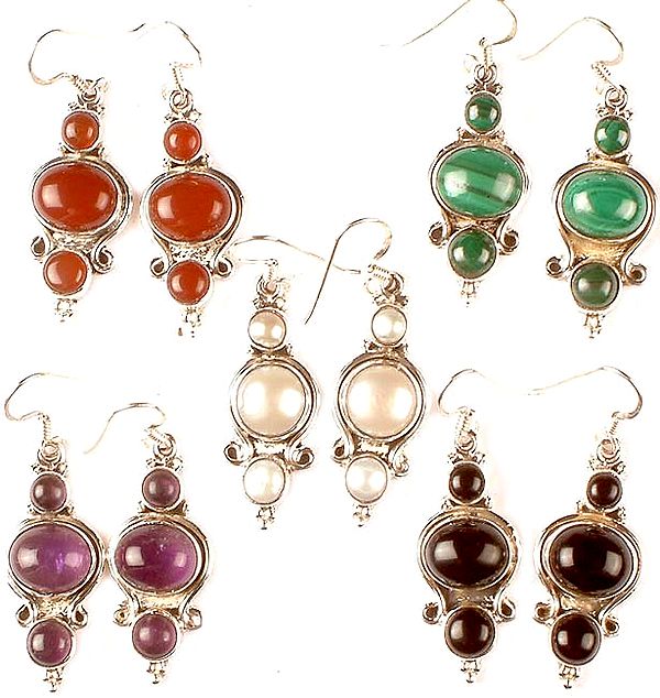 Lot of Five Gemstone Earrings<br>(Carnelian, Malachite, Pearl, Amethyst & Black Onyx)