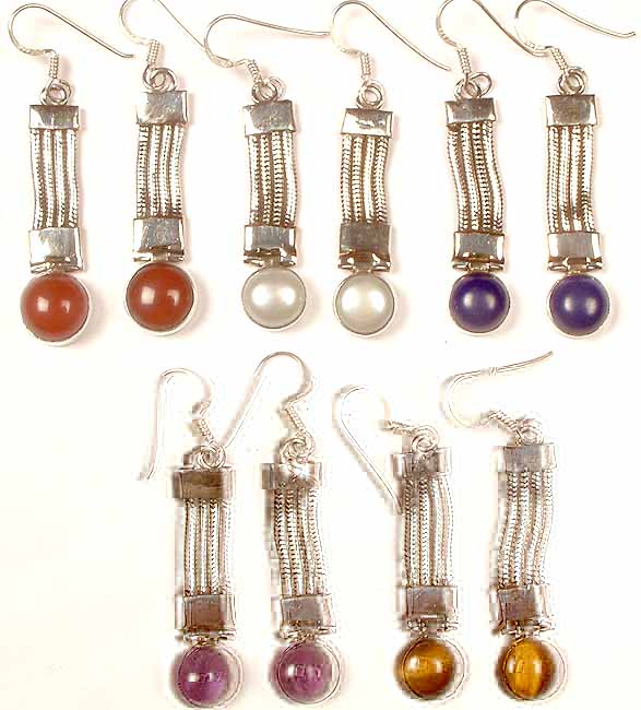 Lot Of Five Gemstone Earrings<br>(Carnelian, Pearl, Lapis Lazuli, Amethyst, and Tiger Eye)