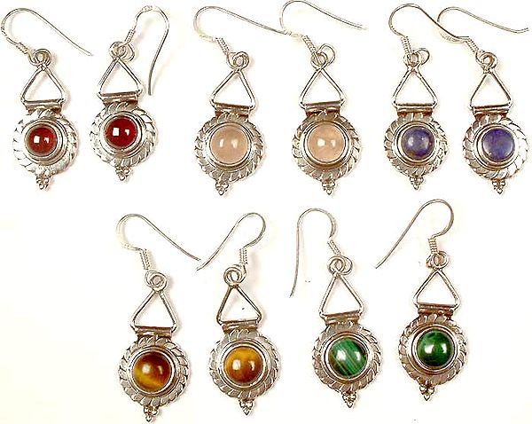 Lot Of Five Gemstone Earrings<br>(Garnet, Rose Quartz, Lapis Lazuli, Tiger Eye, and Malachite)