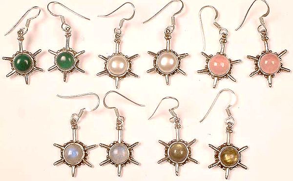 Lot of Five Gemstone Earrings<br>(Green Onyx, Pearl, Rose Quartz, Rainbow Moonstone, and Labradorite)