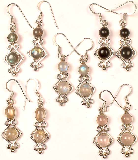Lot Of Five Gemstone Earrings<br>(Labradorite, Black Onyx, Rainbow Moonstone, Tourmalinated Quartz, and Rose Quartz)