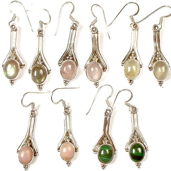 Lot of Five Gemstone Earrings<br>(Labradorite, Rose Quartz, Prehnite, Pink Opal & Malachite)