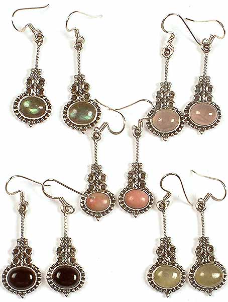 Lot of Five Gemstone Earrings<br>(Labradorite, Rose Quartz, Pink Opal, Black Onyx & Prehnite)