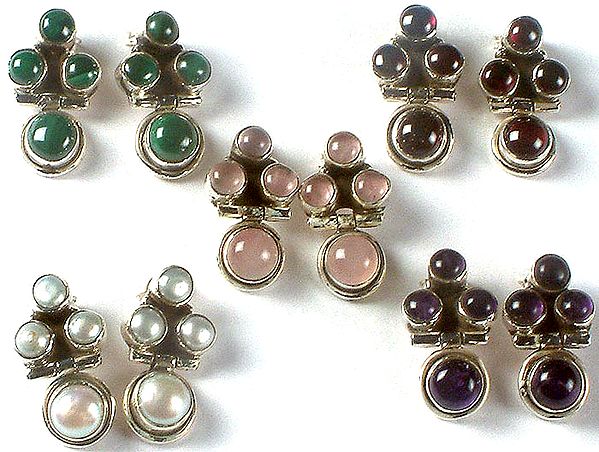 Lot of Five Gemstone Earrings<br>(Malachite, Garnet, Rose Quartz, Pearl & Amethyst)