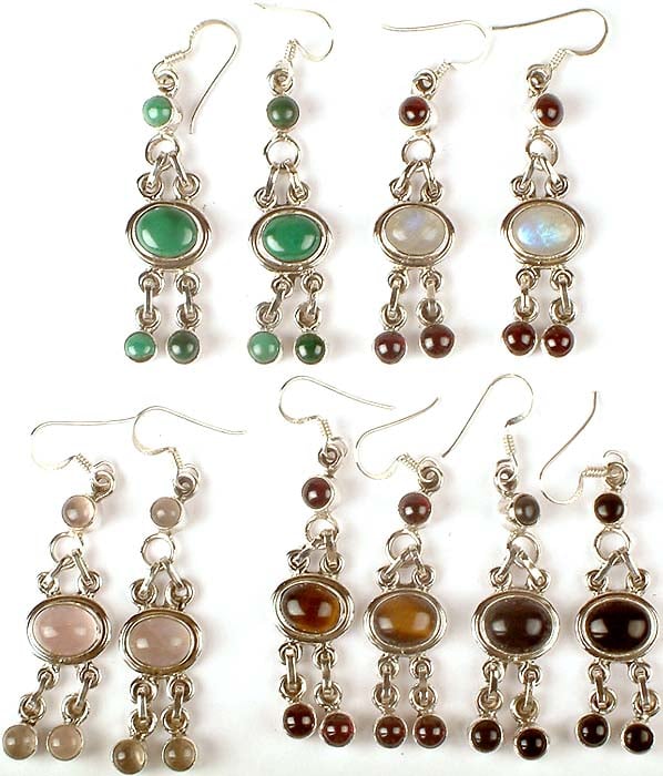 Lot of Five Gemstone Earrings<br>(Malachite, Rainbow Moonstone, Rose Quartz, Tiger Eye & Black Onyx)