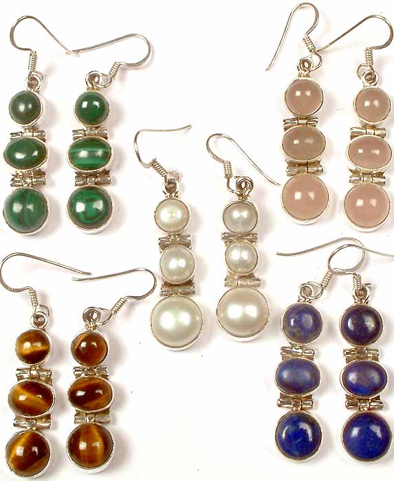 Lot of Five Gemstone Earrings<br>(Malachite, Rose Quartz, Pearl, Tiger Eye & Lapis Lazuli)