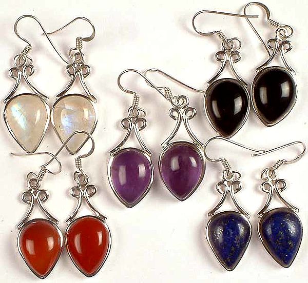 Lot of Five Gemstone Earrings<br>(Rainbow Moonstone, Black Onyx, Amethyst, Carnelian & Lapis Lazuli)