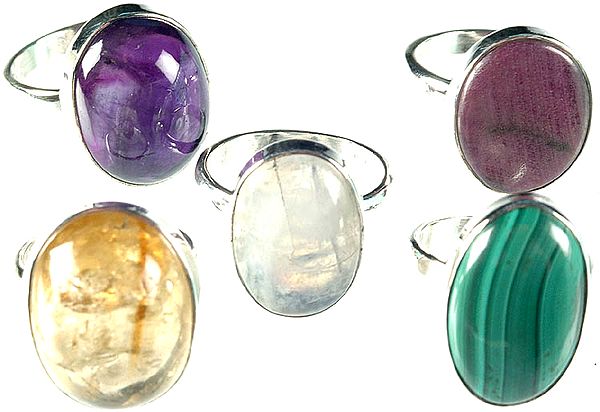 Lot of Five Gemstone Finger Rings (Amethyst, Ruby, Rainbow Moonstone, Citrine and Malachite)