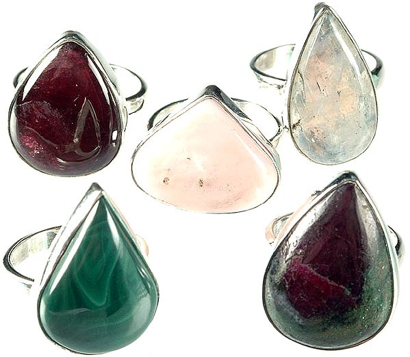 Lot of Five Gemstone Finger Rings (Tourmaline, Rainbow Moonstone, Pink Opal, Malachite and Ruby Zoisite)