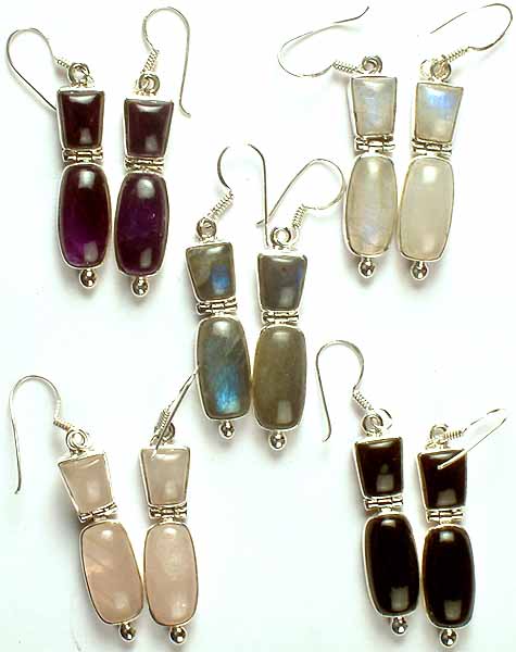 Lot of Five Gemstone Hinged Earrings (Amethyst, Rainbow Moonstone, Labradorite, Rose Quartz, & Black Onyx)