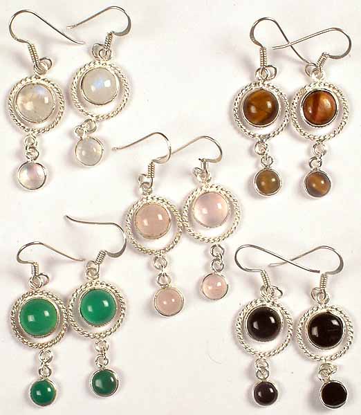 Lot of Five Gemstone Hoop Earrings<br>(Rainbow Moonstone, Tiger Eye, Rose Quartz, Green Onyx & Black Onyx)