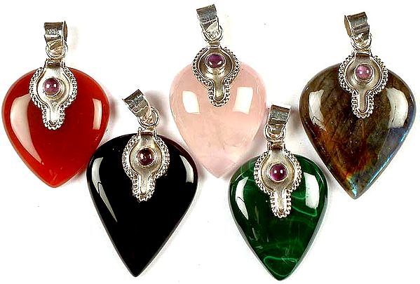 Lot of Five Gemstone Inverted Tear Drop Pendants with Amethyst