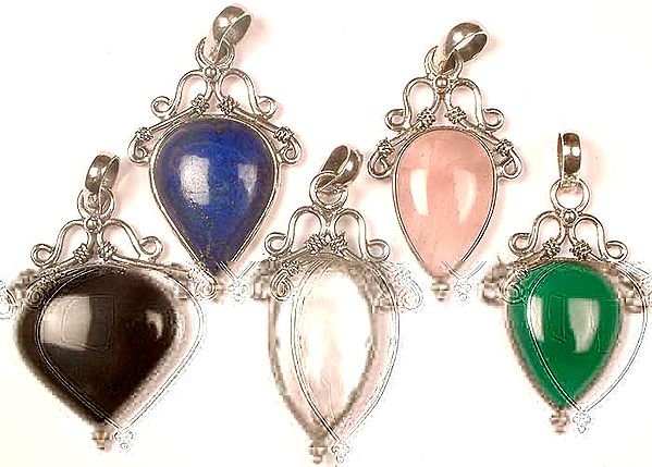 Lot Of Five Gemstone Inverted Tear Drop Pendants<br>(Lapis Lazuli, Rose Quartz, Black Onyx, Crystal, and Green Onyx)