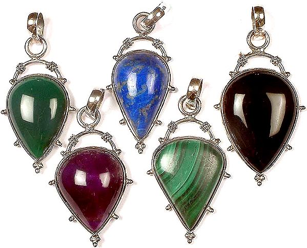 Lot of Five Gemstone Inverted Tear Drops<br>(Green Onyx, Lapis Lazuli, Black Onyx, Amethyst & Malachite)
