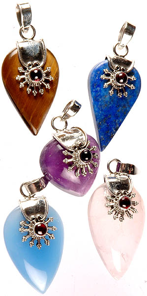 Lot of Five Gemstone Inverted Teardrop Pendants (Tiger Eye, Lapis lazuli, Amethyst, Blue Chalcedony and Rose Quartz)
