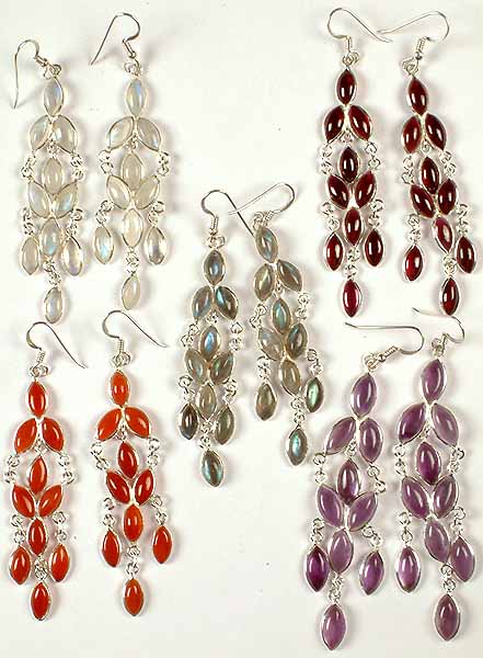 Lot of Five Gemstone Marquis Earrings<br>(Rainbow Moonstone, Garnet, Labradorite, Carnelian & Amethyst)