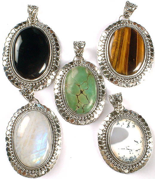 Lot of Five Gemstone Oval Pendants (Black Onyx, Tiger Eye, Turquoise, Rainbow Moonstone and Dendrite)