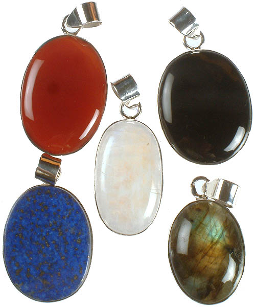 Lot of Five Gemstone Oval Pendants (Carnelian, Black Onyx, Rainbow Moonstone, Lapis Lazuli and Labradorite)