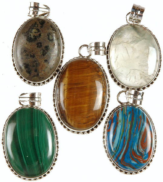 Lot of Five Gemstone Oval Pendants (Picture Jasper, Prehnite, Tiger Eye, Malachite and Agate)