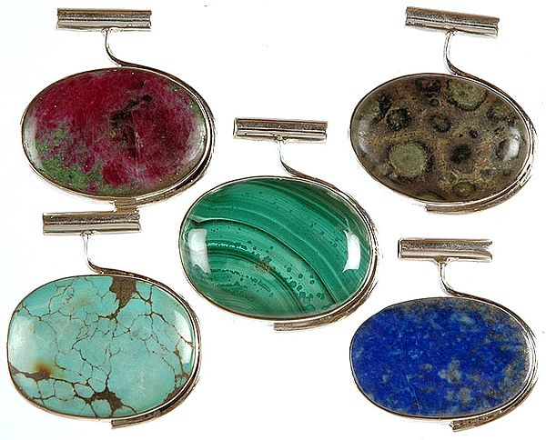 Lot of Five Gemstone Oval Pendants (Ruby Zoisite, Picture Jasper, Malachite, Turquoise and Lapis Lazuli)