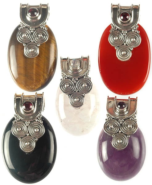 Lot of Five Gemstone Oval Pendants (Tiger Eye, Carnelian, Rose Quartz, Black Onyx and Amethyst)