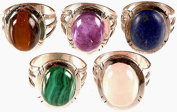 Lot of Five Gemstone Oval Rings (Tiger Eye, Amethyst, Lapis Lazuli, Malachite and Rose Quartz)