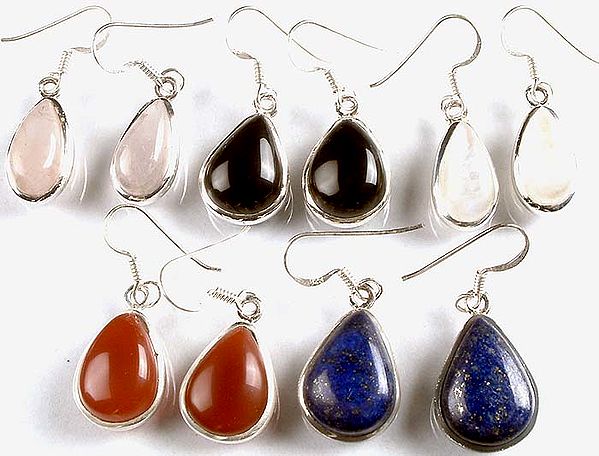 Lot of Five Gemstone Pear Earrings (Rose Quartz, Black Onyx, Rainbow Moonstone, Carnelian and Lapis Lazuli)